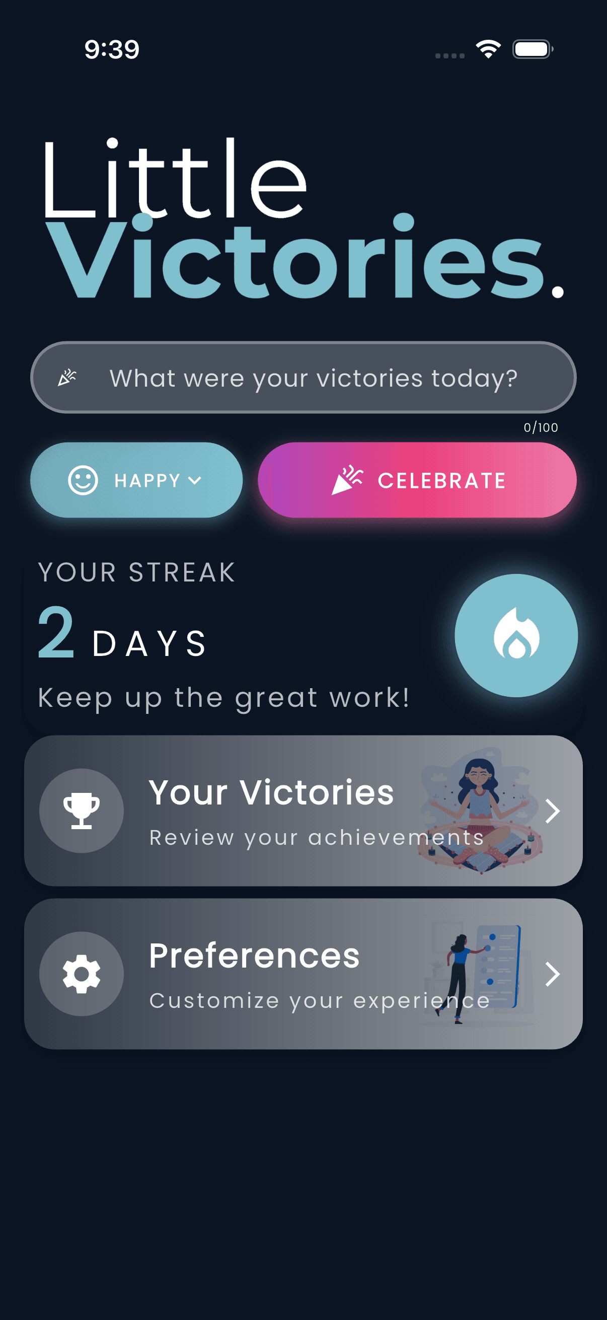 Little Victories app home screen showing victory input, mood selector, and streak counter