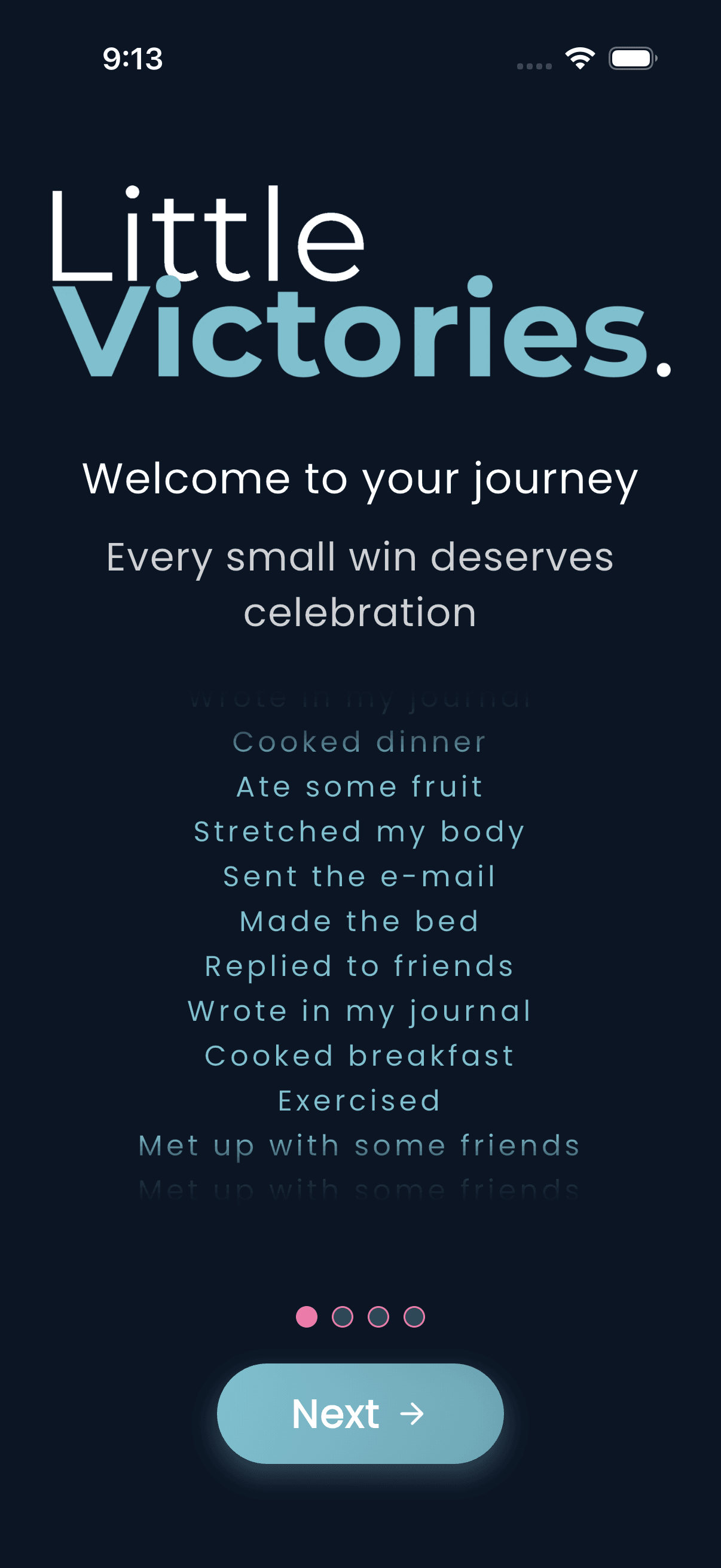 Welcome screen with example victories